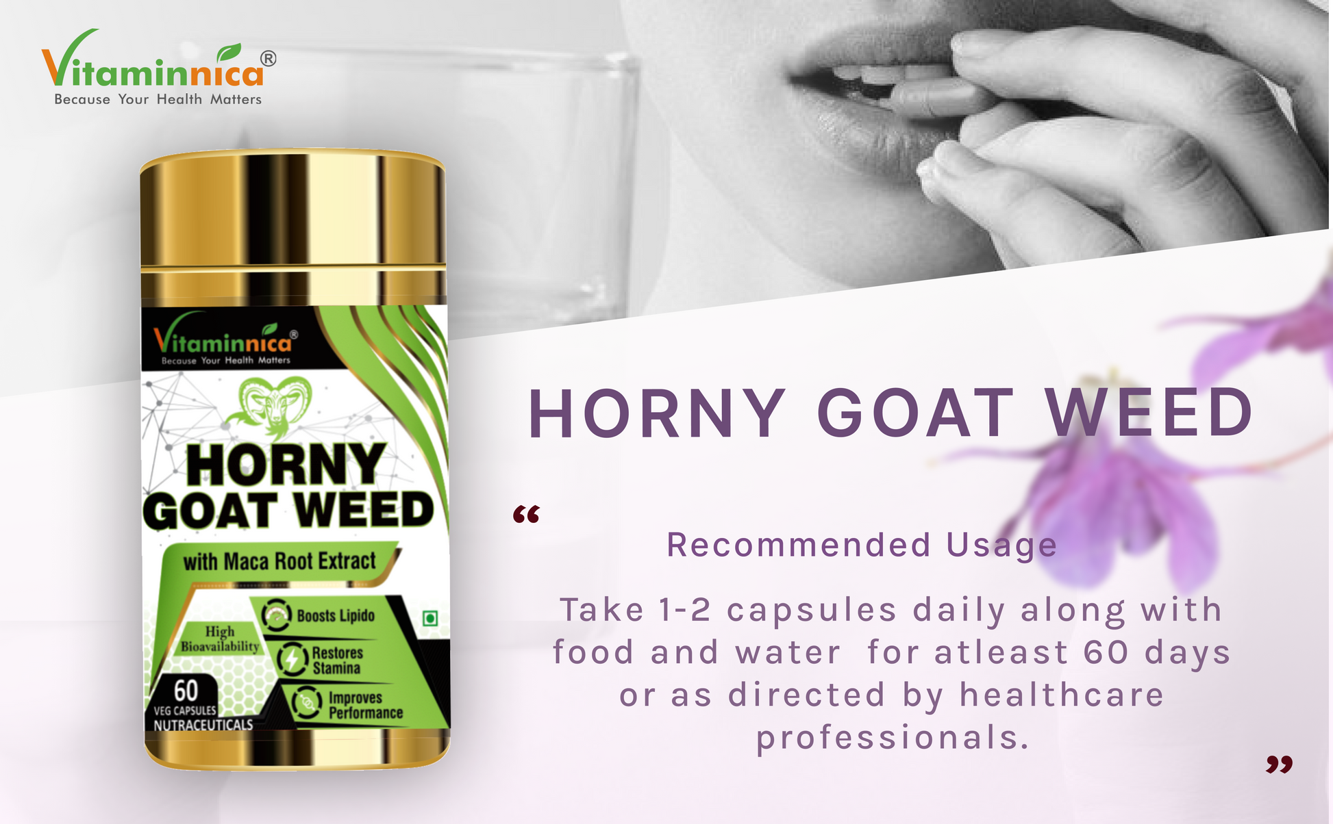 Vitaminnica Horny Goat Weed with Maca Root Extract | Supports Strength, Stamina & Performance | 60 Capsules - vitaminnicahealthcare