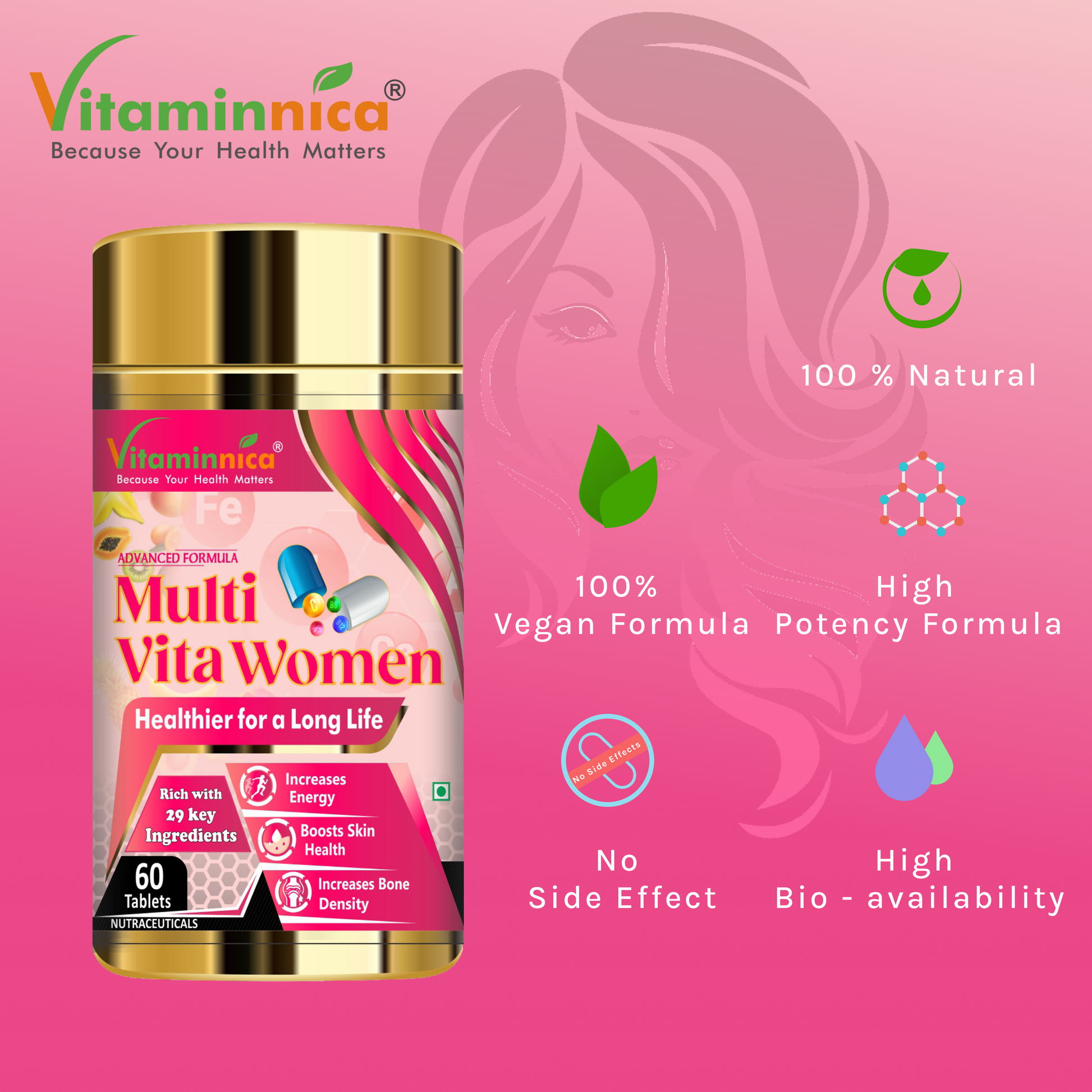 Vitaminnica Combo Pack for Women- Biotin for Hair, Nails, Skin- 60 Capsules with Multi Vita Women for Overall Health & Immunity- 60 Tablets - vitaminnicahealthcare
