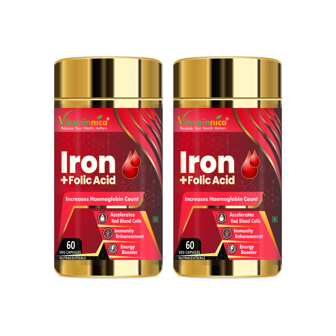 Vitaminnica Iron+Folic Acid- Boosts Energy, Haemoglobin and Immunity - 60 Capsules - vitaminnicahealthcare