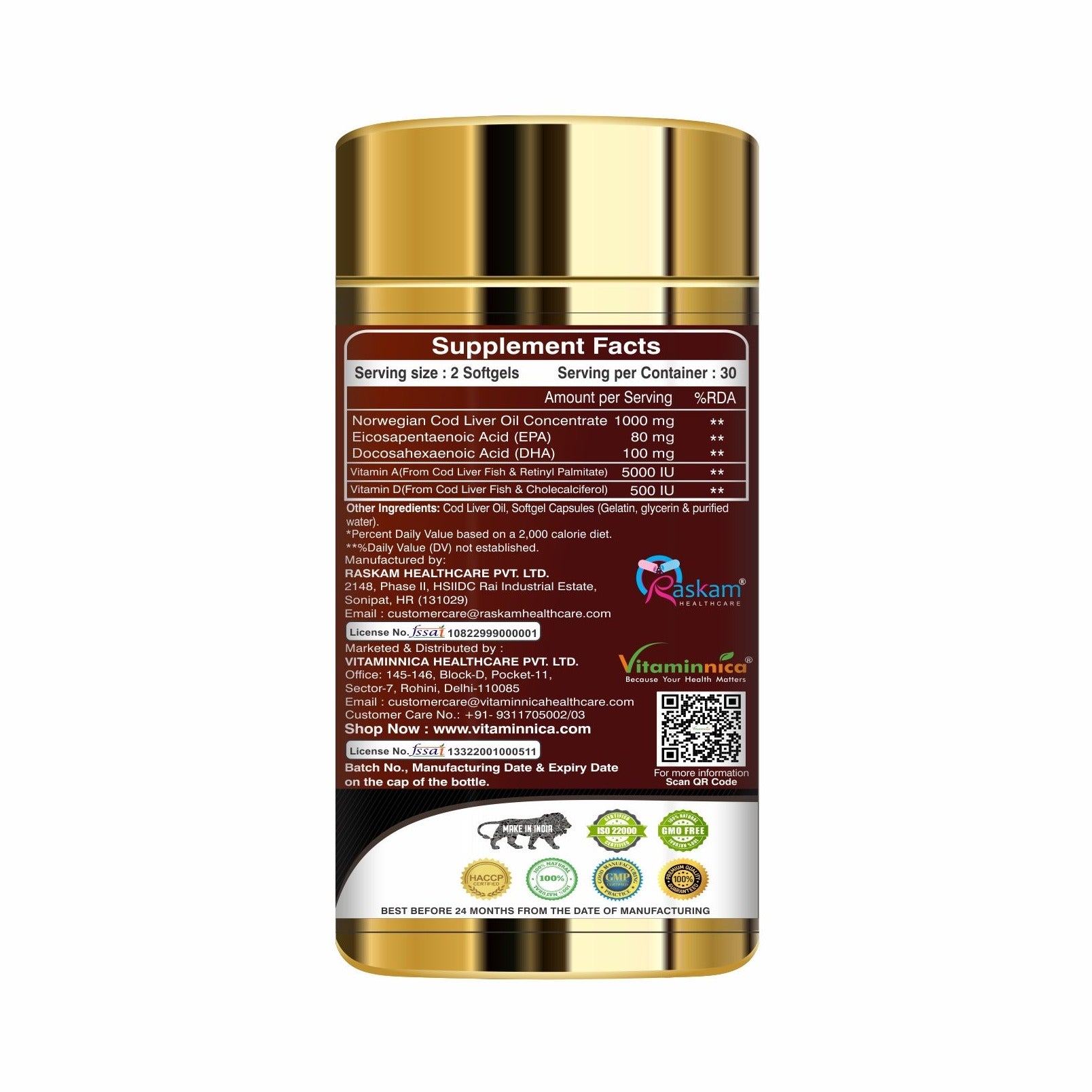Vitaminnica Cod Liver Oil - 60 Softgels - vitaminnicahealthcare